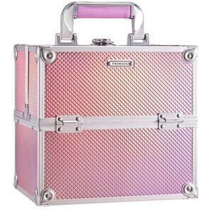 New Mermaid Pink Makeup Case, 4-Tray Lockable Cosmetic Organizer with Dividers
